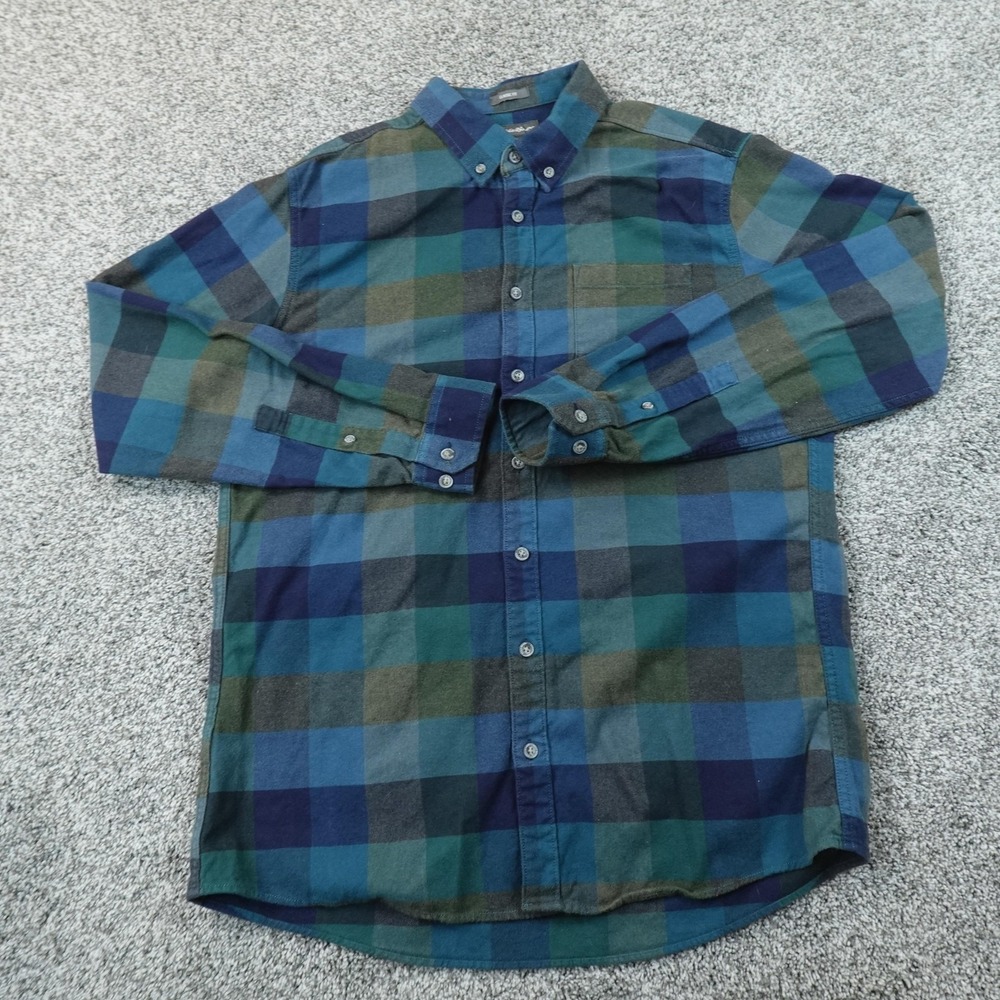 Eddie Bauer Shirt Mens LT Blue Green Plaid Flannel Button Up Long Sleeve Outdoor